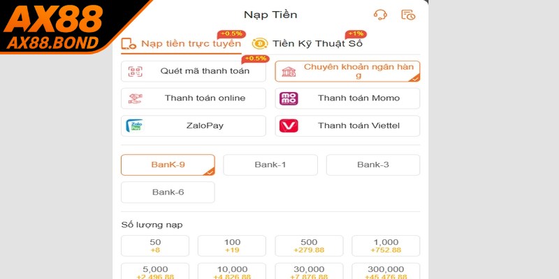 Nạp tiền AX88 bằng chuyển khoản ngân hàng là rất truyền thống, phổ biến