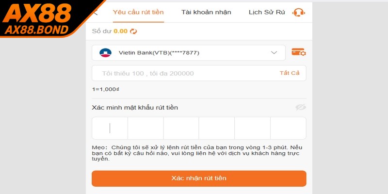 Người chơi có thể bắt đầu rút tiền AX88 theo các bước rất đơn giản